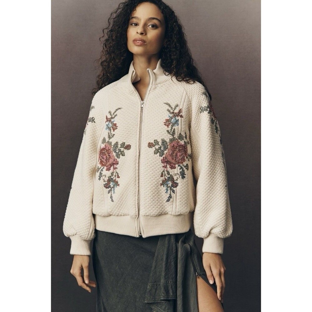 Anthropologie Beige Floral Embroidered Zip Lined Bomber Jacket Womens XL